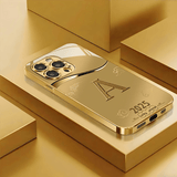 High-End Business Fashion Gold-Plated Tempered Glass Phone Case – Straight-Edge Minimalist Design (iPhone Compatible)