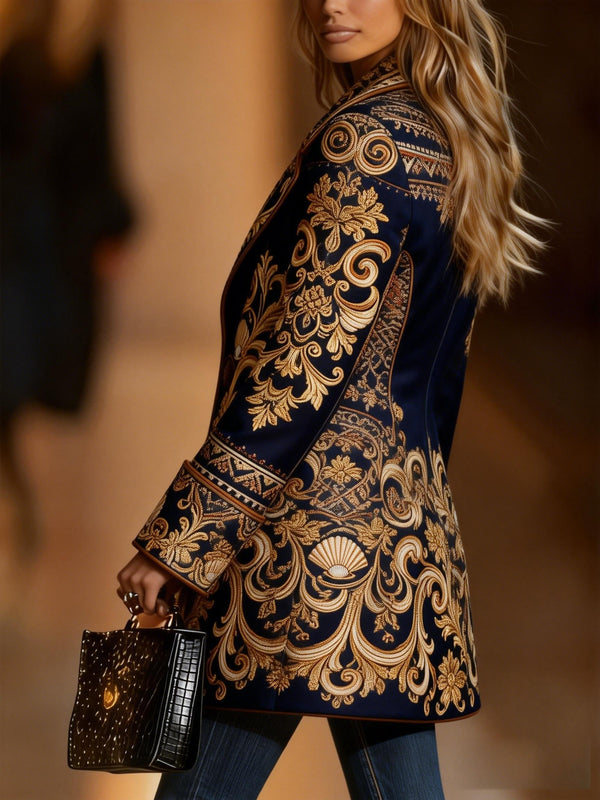 Women’s Western retro printed jacket for spring/summer. Casual or formal wear, non-stretch, machine washable. Vintage style for work or weekend outings. goobingoo