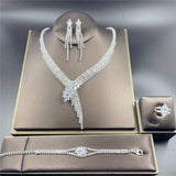 Women’s 4pcs Imitation Crystal Jewelry Set – V-Style Tassel Necklace, Dangle Earrings, Bracelet & Ring, Retro Elegant Party Accessories