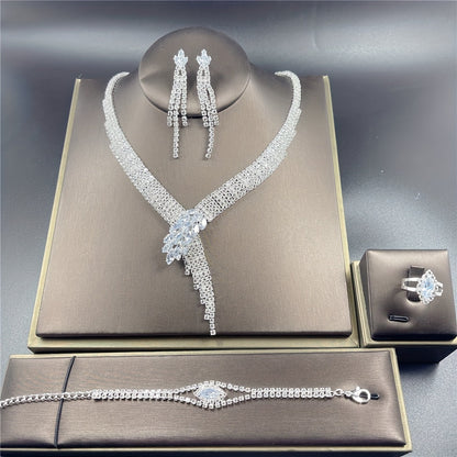 Women’s 4pcs Imitation Crystal Jewelry Set – V-Style Tassel Necklace, Dangle Earrings, Bracelet & Ring, Retro Elegant Party Accessories goobingoo