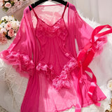 Women’s Sexy Lace See-Through Pajama Set – V-Neck with Flared Sleeves, Romantic Nightwear & Charming Homewear for Intimate Occasions
