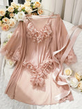 Women’s Sexy Lace See-Through Pajama Set – V-Neck with Flared Sleeves, Romantic Nightwear & Charming Homewear for Intimate Occasions