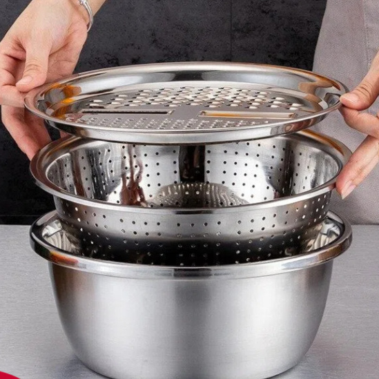 3PC Stainless Steel Kitchen Prep Set ? Bowl, Strainer & Grinder Combo with Drain System goobingoo
