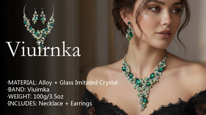 Viuirnka Green Floral Statement Necklace & Earrings Set for Women – Leaf & Flower Motif Jewelry for Weddings, Parties, Prom & Bridesmaid Gifts goobingoo