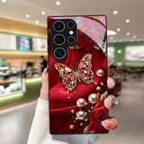 Elegant butterfly & pearl rose Samsung phone case. Slim, protective design for S9+ through S25 series. Stylish, lightweight, and perfect for gifting.