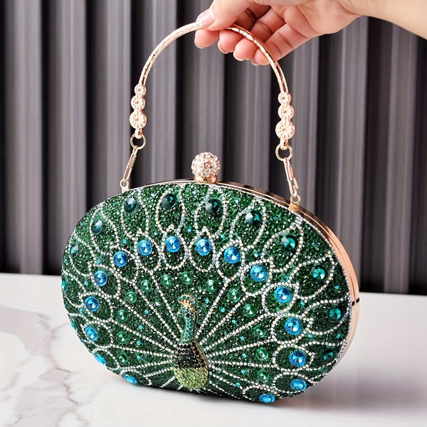 Women’s Peacock Crystal Clutch Bag – Vintage Party Handbag with PU Buckle, Elegant Evening Purse goobingoo