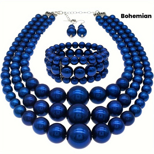 Bohemian Multi-Layer Faux Pearl Jewelry Set – Vintage 3-Piece Necklace, Bracelet & Earrings, Luxury Gift for Women goobingoo