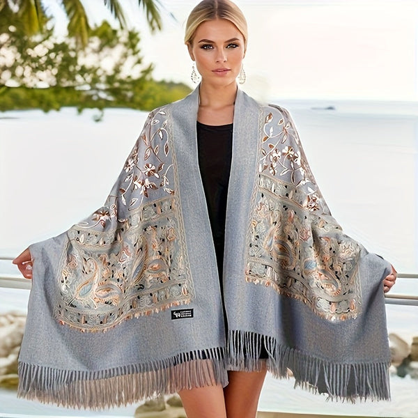 Bohemian Floral Cashmere Scarf – Navy Paisley with Orange & White Accents, Tassel Trim Lightweight Shawl for Women, Spring/Fall Fashion & Casual Wear goobingoo