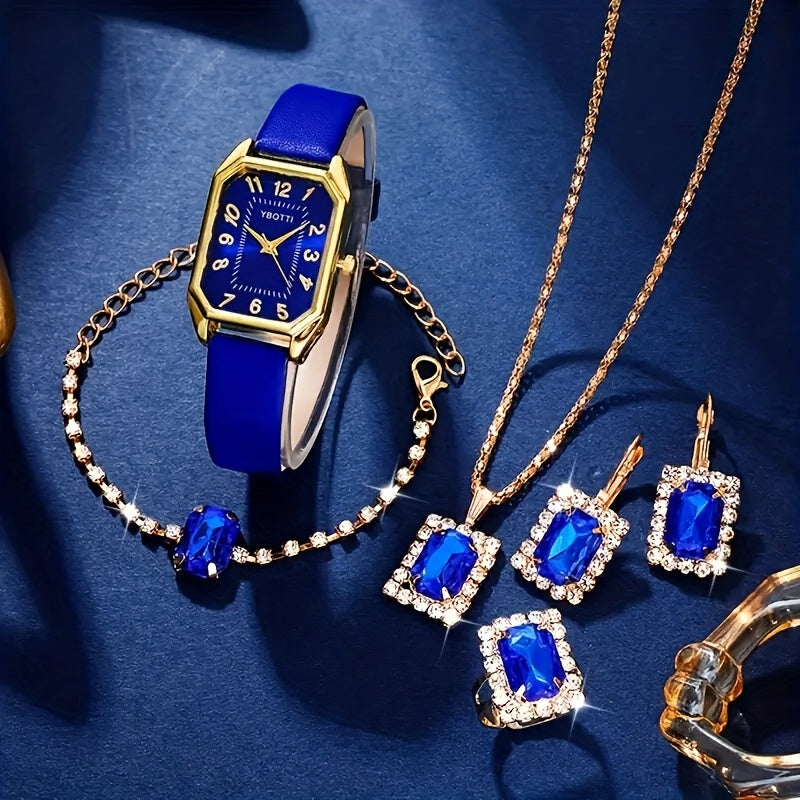 Elegant 6pcs Women's PU Leather Quartz Watch & Jewelry Gift Set - Matching Bracelet, Ring, Earrings & Necklace - Complete Accessory Suite for Birthdays,, Weddings - Luxury Watch for & goobingoo