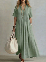 goobingoo Women's V-Neck Pleated Cotton Linen Dress