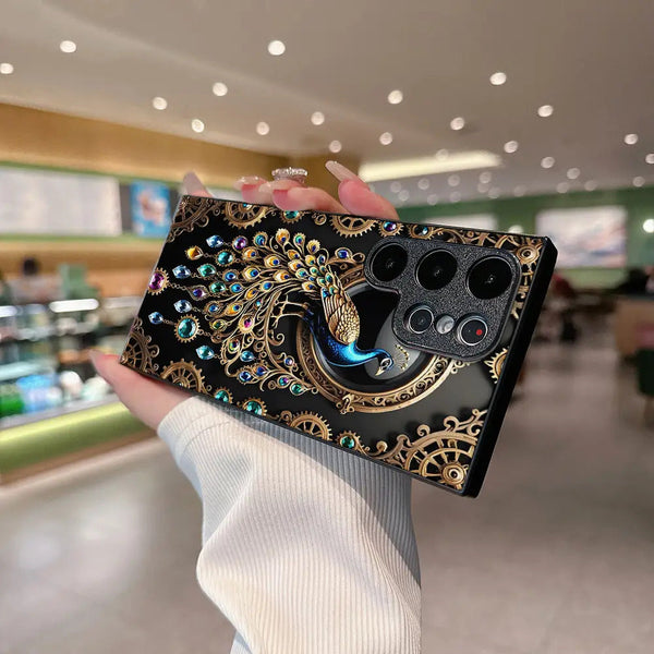 Golden Peacock Tempered Glass Phone Case – Samsung Galaxy Protection with Style goobingoo