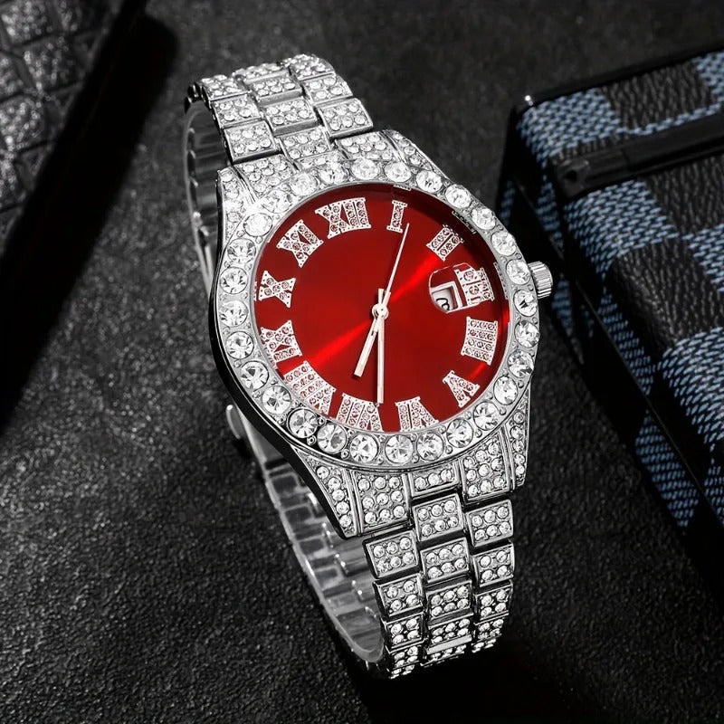 Men’s Luxury Quartz Watch Set – Silver Roman Numeral Rhinestone Watch, Cross Necklace & Bracelet goobingoo