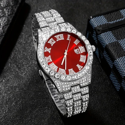 Men’s Luxury Quartz Watch Set – Silver Roman Numeral Rhinestone Watch, Cross Necklace & Bracelet goobingoo