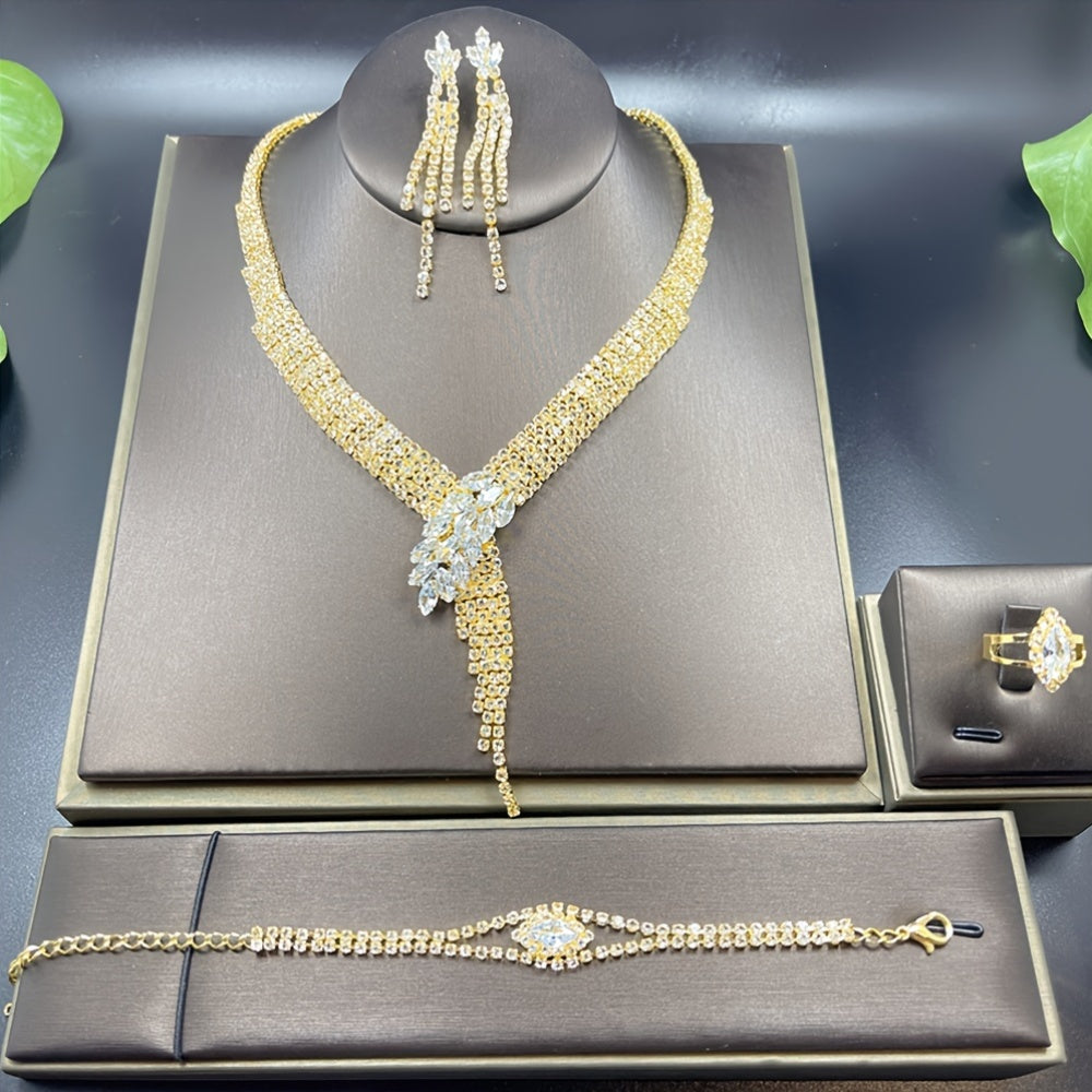 Women’s 4pcs Imitation Crystal Jewelry Set – V-Style Tassel Necklace, Dangle Earrings, Bracelet & Ring, Retro Elegant Party Accessories