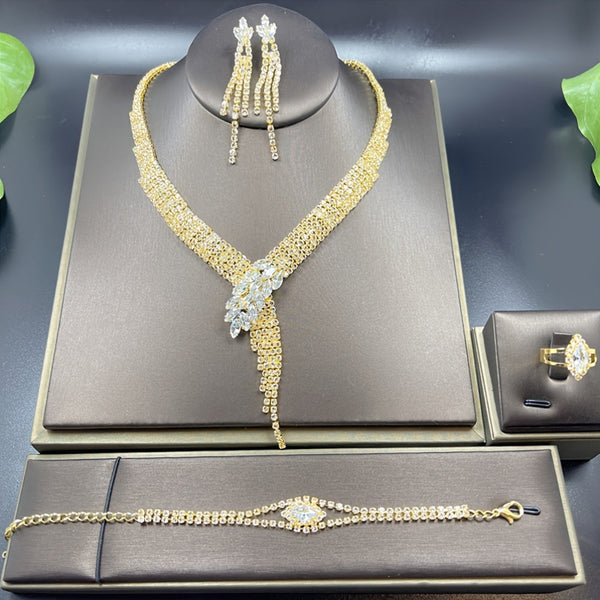 Women’s 4pcs Imitation Crystal Jewelry Set – V-Style Tassel Necklace, Dangle Earrings, Bracelet & Ring, Retro Elegant Party Accessories goobingoo