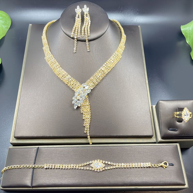 Women’s 4pcs Imitation Crystal Jewelry Set – V-Style Tassel Necklace, Dangle Earrings, Bracelet & Ring, Retro Elegant Party Accessories