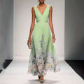 goobingoo Premium Floral V-Neck Maxi Dress - Elegant Ombré Printed Evening Gown