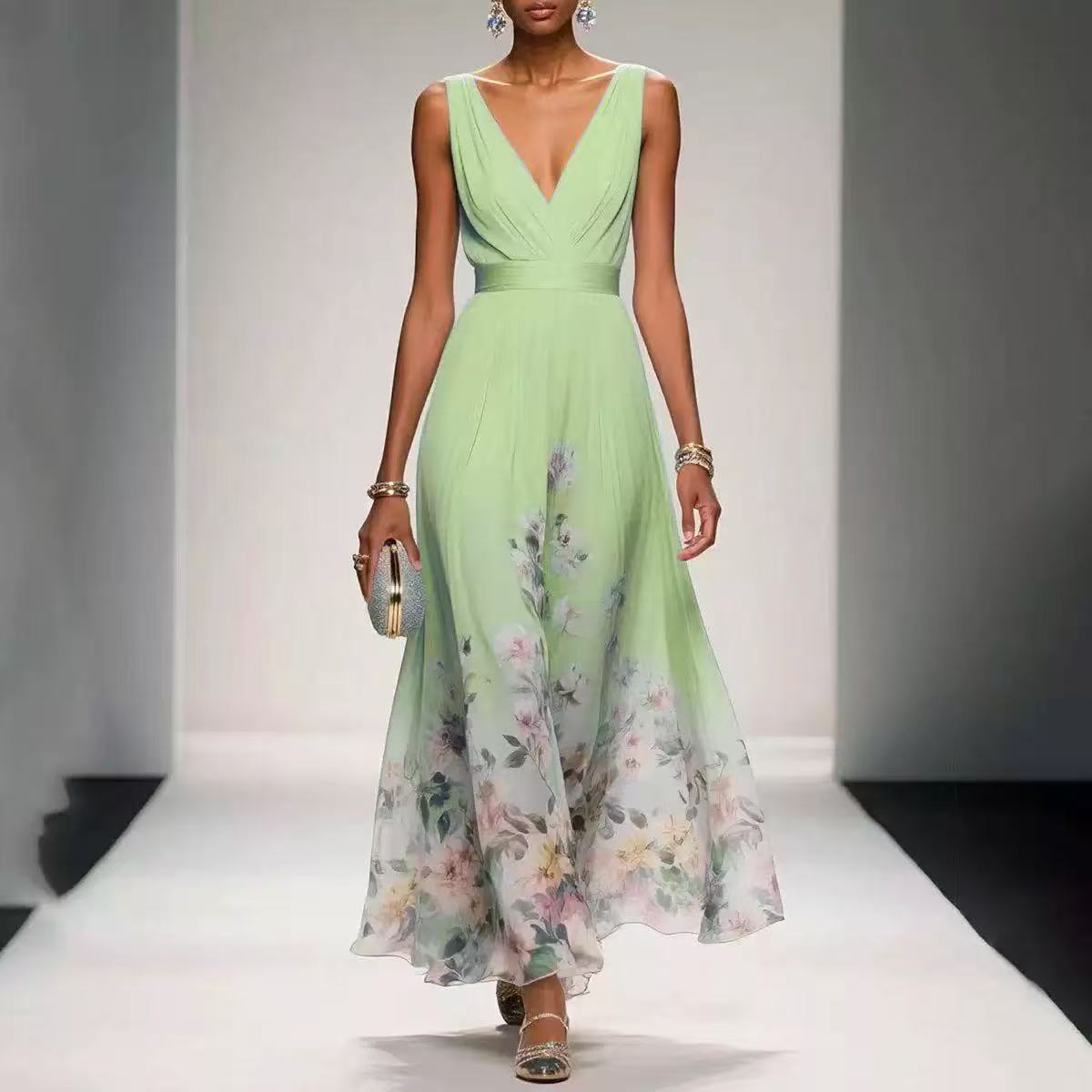 goobingoo Premium Floral V-Neck Maxi Dress - Elegant Ombré Printed Evening Gown