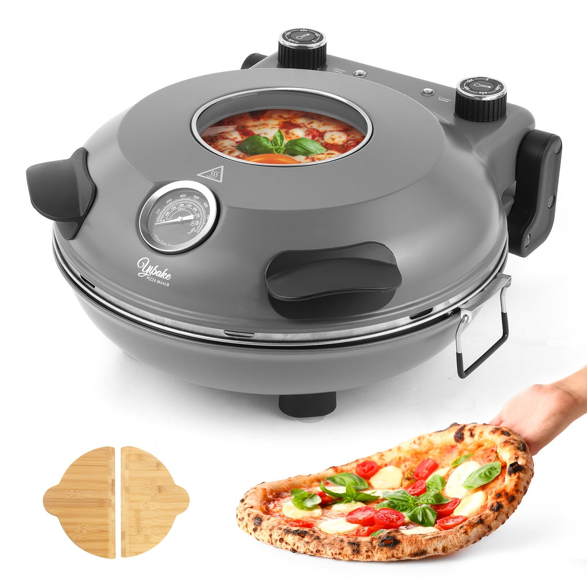 12-Inch Electric Pizza Oven – 1200W Indoor Countertop Pizza Maker, 5-Minute Crisp, Dual Knob Control, 120V