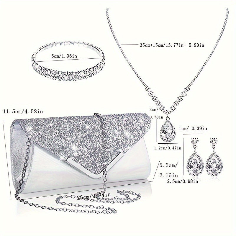 Luxury Women’s Sequin Evening Clutch & Jewelry Set – Rhinestone Chain Bag, Necklace, Earrings & Bracelet goobingoo