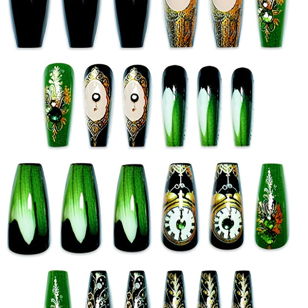 24pcs/48pcs Coffin Press-On Nails – Dark Green, Black & Gold Embossed Palace Design, 3D Clock Metal Effect Fake Nails with Jelly Glue & Nail File goobingoo