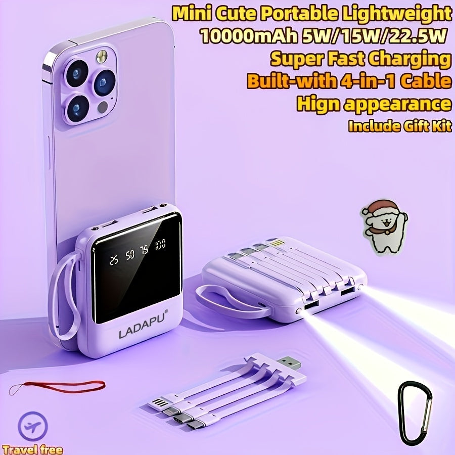 Premium 10000mAh Mini Portable Power Bank – 4-in-1 Built-In Cable, 22.5W Super Fast Charging