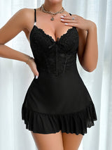 European & American Women’s Sexy Lace Nightgown – Elegant Halter Dress with Mesh Outer Robe, Solid Color Homewear Set