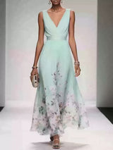 goobingoo Premium Floral V-Neck Maxi Dress - Elegant Ombré Printed Evening Gown