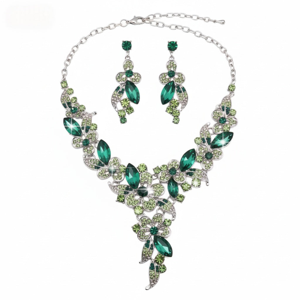 Viuirnka Green Floral Statement Necklace & Earrings Set for Women – Leaf & Flower Motif Jewelry for Weddings, Parties, Prom & Bridesmaid Gifts goobingoo