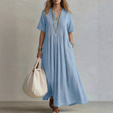 goobingoo Women's V-Neck Pleated Cotton Linen Dress
