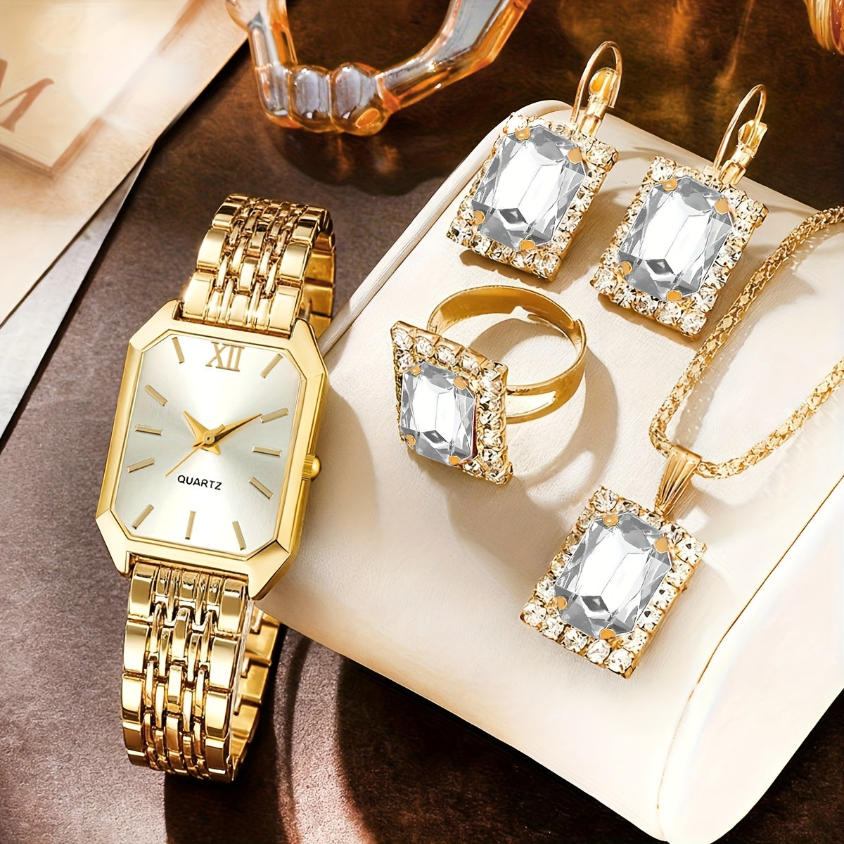 Elegant 5 pcs Women's Fashion Quartz Square Watch + New Square Shiny Necklace, Ring, Earrings Jewelry Set, Birthday, Christmas, New Year, Gift for Friends, Suitable for Daily Wear. goobingoo