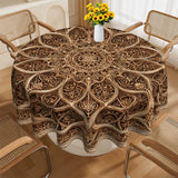 Round Mandala Table Cover – Golden & Brown Beige Fabric Tablecloth, Durable & Easy-to-Clean, Perfect for Christmas, Thanksgiving & Festive Dining