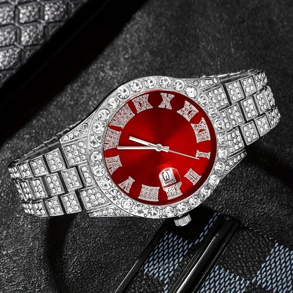 Men’s Luxury Quartz Watch Set – Silver Roman Numeral Rhinestone Watch, Cross Necklace & Bracelet goobingoo