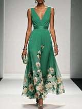 goobingoo Premium Floral V-Neck Maxi Dress - Elegant Ombré Printed Evening Gown