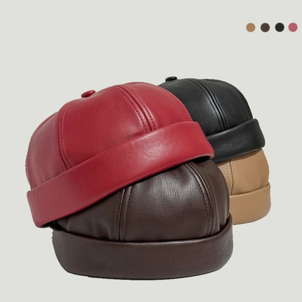 Adjustable Retro Brimless Docker Cap – PU Leather Solid Color Hat, Casual & Outdoor Beanie Style for Autumn & Winter goobingoo