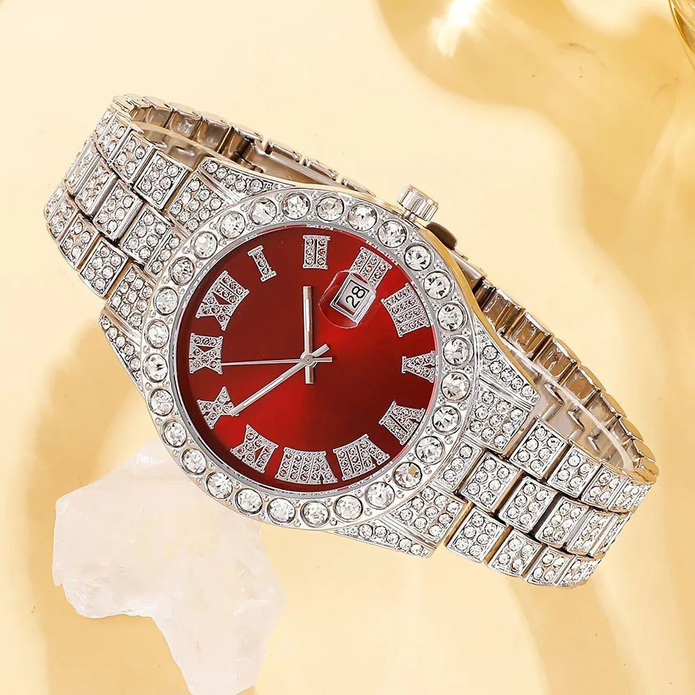 Men’s Luxury Quartz Watch Set – Silver Roman Numeral Rhinestone Watch, Cross Necklace & Bracelet goobingoo
