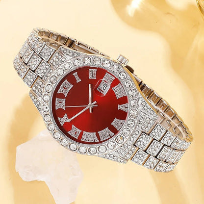 Men’s Luxury Quartz Watch Set – Silver Roman Numeral Rhinestone Watch, Cross Necklace & Bracelet goobingoo