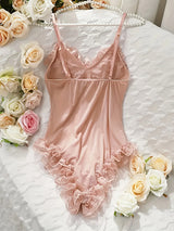 Women’s Sexy Lace See-Through Pajama Set – V-Neck with Flared Sleeves, Romantic Nightwear & Charming Homewear for Intimate Occasions
