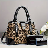 3pcs Women’s Handbag Set – Large Capacity Leopard Print Bags with Adjustable Crossbody & One-Shoulder Straps, Work, Party & Christmas Gift Set