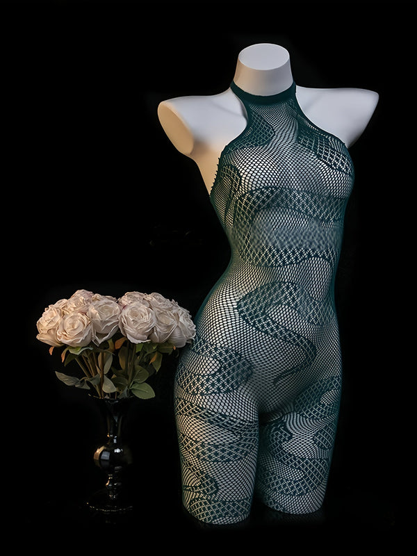 Women’s Snake Print Bodysuit – Backless Sheer Mesh Lingerie, Sexy Adult Bedroom Outfit for Couples & Theme Parties goobingoo