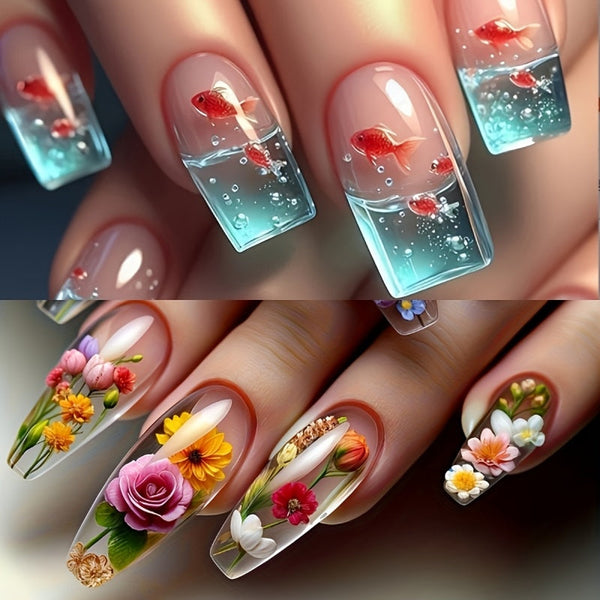 48pcs 3D Goldfish Floral Press-On Nails – Medium Square Glossy Fake Nails with Jelly Glue & Nail File, Summer Nail Art Set for Women goobingoo