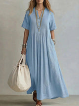 goobingoo Women's V-Neck Pleated Cotton Linen Dress