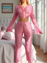 Romantic Valentine’s Lingerie Set for Women – Heart Print Sheer Pajama Set, Sexy European & American Style Sleepwear