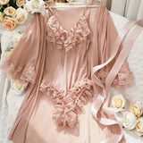 Women’s Sexy Lace See-Through Pajama Set – V-Neck with Flared Sleeves, Romantic Nightwear & Charming Homewear for Intimate Occasions