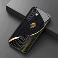 Golden Dragon tempered glass phone case for Samsung Galaxy S25, S24, S23 & more. Black texture design, slim, stylish, and impact-resistant protection.