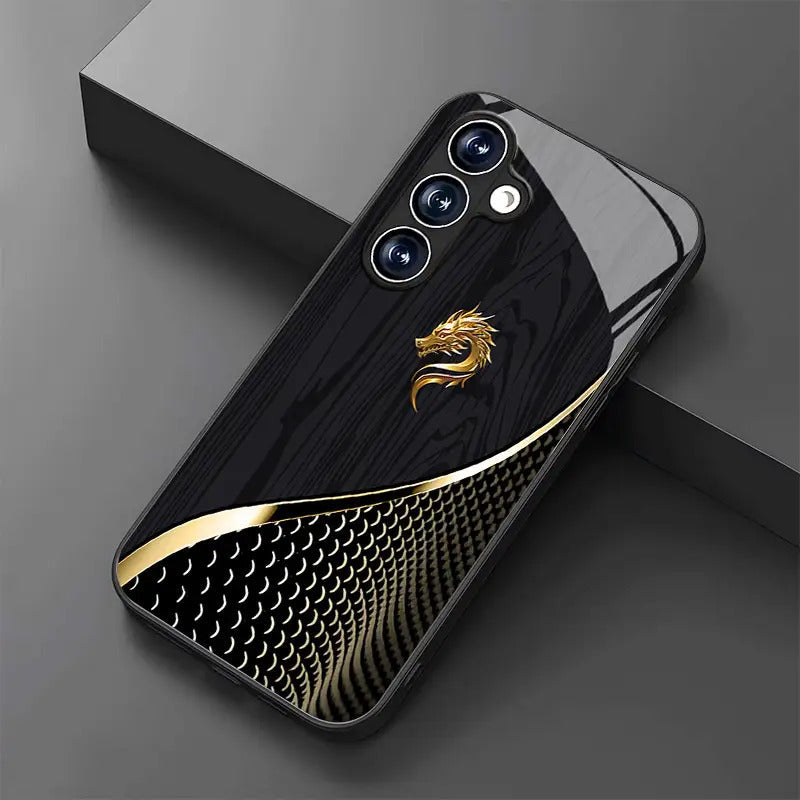 Golden Dragon tempered glass phone case for Samsung Galaxy S25, S24, S23 & more. Black texture design, slim, stylish, and impact-resistant protection.