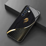 Golden Dragon tempered glass phone case for Samsung Galaxy S25, S24, S23 & more. Black texture design, slim, stylish, and impact-resistant protection.