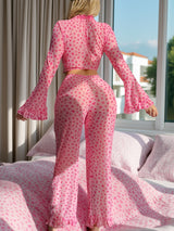 Romantic Valentine’s Lingerie Set for Women – Heart Print Sheer Pajama Set, Sexy European & American Style Sleepwear