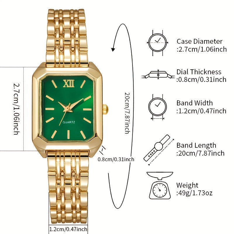 Elegant 5 pcs Women's Fashion Quartz Square Watch + New Square Shiny Necklace, Ring, Earrings Jewelry Set, Birthday, Christmas, New Year, Gift for Friends, Suitable for Daily Wear. goobingoo