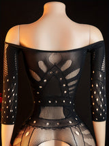 Women’s Sexy Mesh Bodystocking – Long Sleeve Fishnet Jumpsuit with Geometric Cut-Out Design for Intimate & Romantic Occasions
